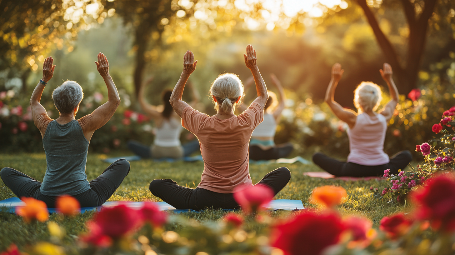 Група старших людей практикує йогу в просторому залі
