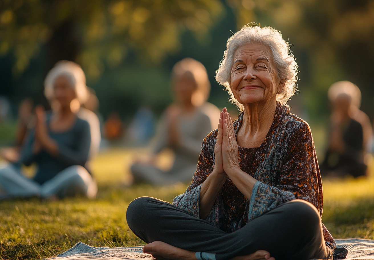 Інструктор показує правильну техніку виконання асани старшим учасникам